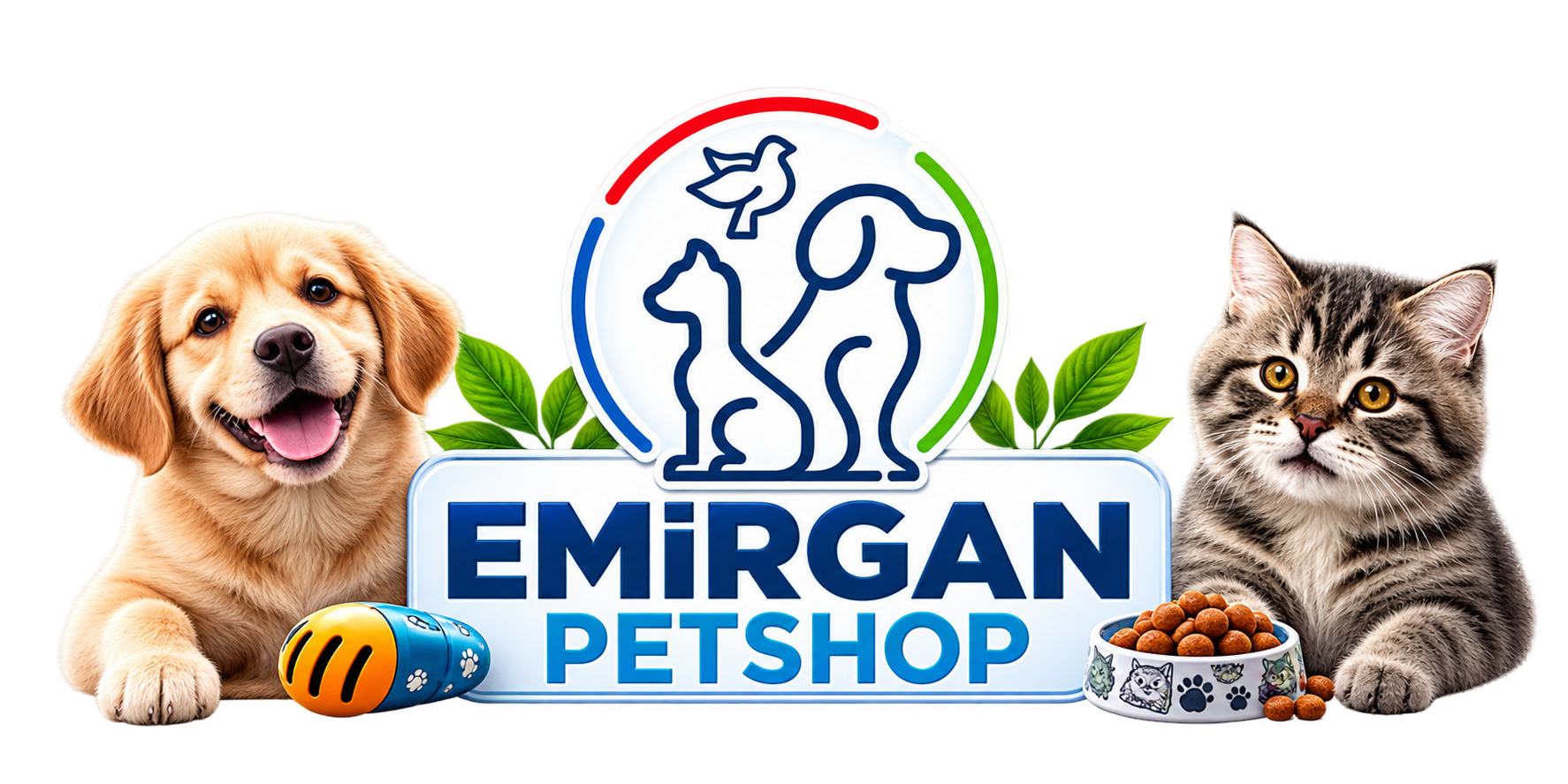 Emirgan Petshop logosunun solunda köpek, sağında kedi
